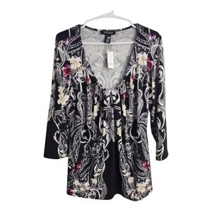 WHBM 3‎ Quarter Bar V Neck Preppy Boho Office Career Business Casual Blouse XL